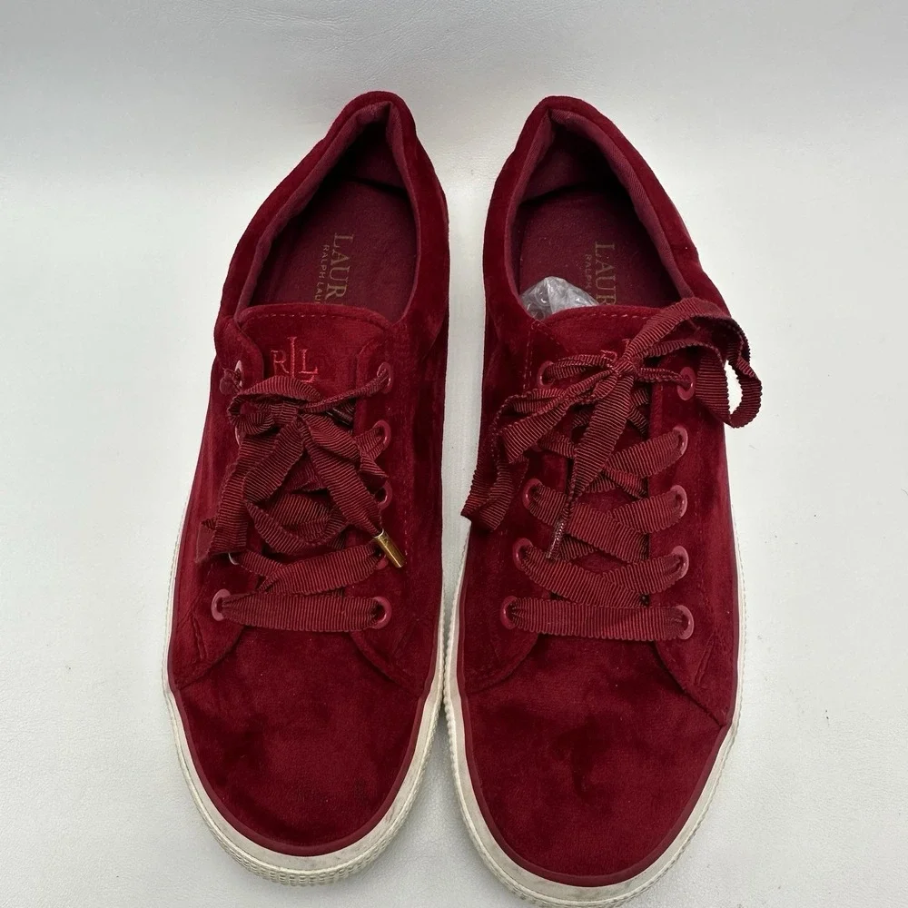 LRL Ralph Lauren JOLIE‎ Red Velvet Sneakers low Top Lace Up Women's Sz 8.5 B